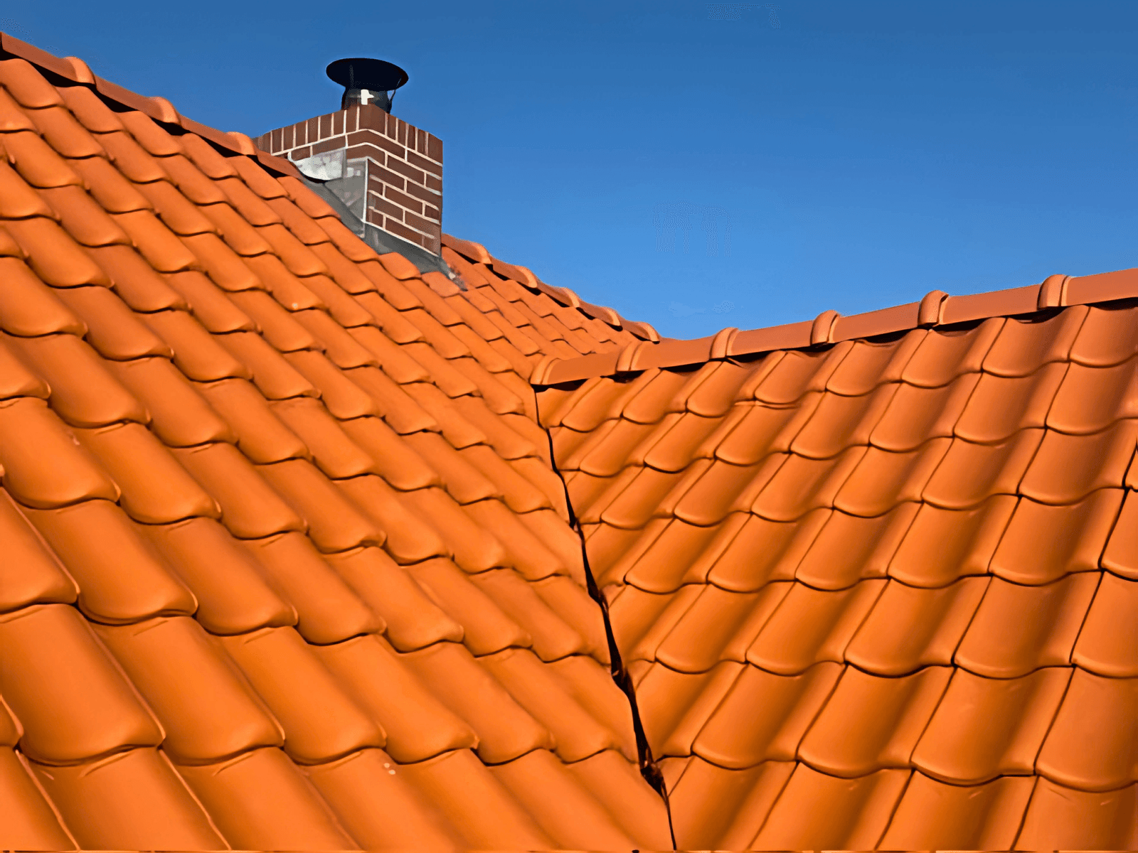 Close-up van de nieuwe oranjerode dakpannen en nok in Meeuwen